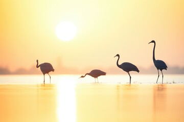 silhouette of flamingos in water during sunrise