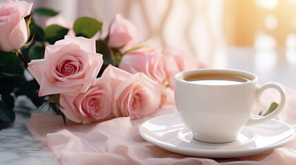 Obraz na płótnie Canvas pink roses and white coffee cup on white background,Beautiful