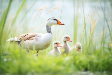 Obraz premium peaceful geese family amidst wild grass in breeze