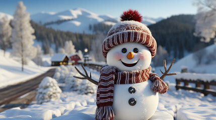 Fototapeta premium Snowman in Red and White Hat and Scarf on Winter Frosty Snowy Holiday Background.