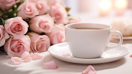 Cup of coffee and pink roses on a white tablecloth.