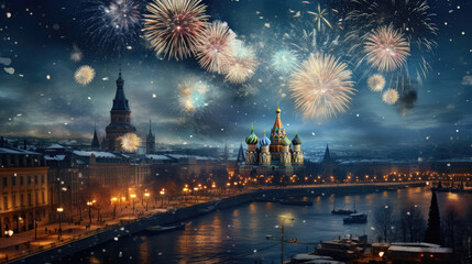 Fototapeta na wymiar Fireworks over city landscape, background, photorealistic, New Year's eve concept