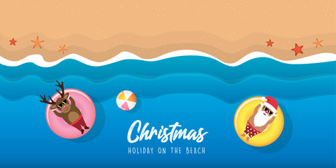 cute santa claus and deer relaxing on float ring in water on the beach vector illustration EPS10