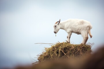white goat reaching for hay on stacks edge