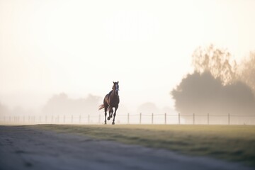 horse galloping solo on a misty paddock track