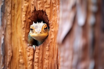 iguana peeking from behind a mahogany trunk