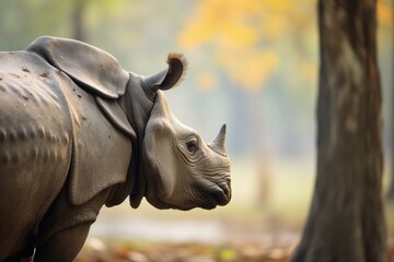 side profile of indian rhino by trees - obrazy, fototapety, plakaty