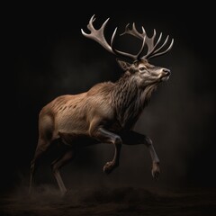 Photograph of a beautiful, perfect, big stag. The surrounding landscape is of a studio with a dark background. 