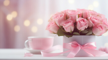 Cup of coffee and beautiful roses on table, closeup view