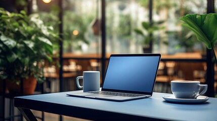 Coffee shop indoor plants laptop template