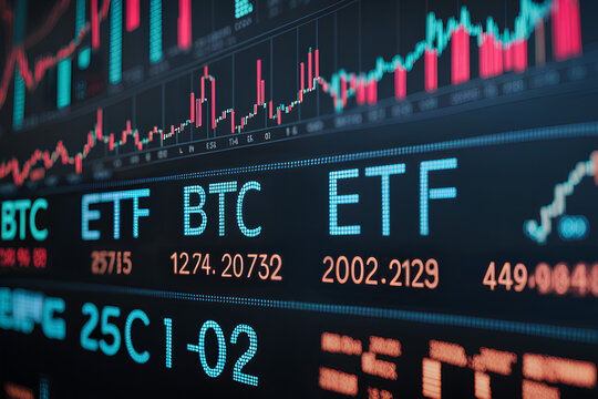 Bitcoin trading live on a stock market after IPO. Spot BTC ETF ticker symbol on a electronic exchange board displaying info and data on price of the crytocurrency for investor to make an investment. 