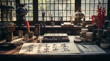 a traditional Asian calligraphy setup with brushes, ink, and paper displaying written characters. A serene setting with calligraphy and painting tools arranged on a wooden table.