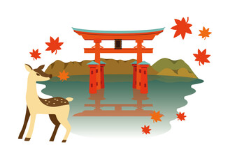 厳島神社　紅葉と鹿のイラスト