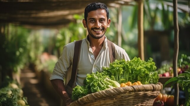 Happy smiling young farmer Indian carrying basket of vegetables for market 