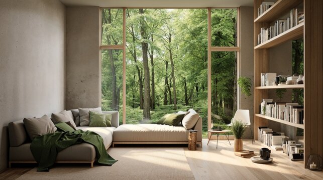 Modern Living Apartment Interior with Natural Wood Furniture and Green Elements.