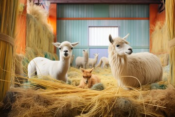 woolly llamas and sheep mingling in a pen with hay - obrazy, fototapety, plakaty