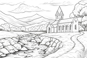 Black and white clean coloring page for adults, Ireland background. Colouring book page, black...