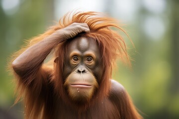 orangutan scratching head with puzzled look - obrazy, fototapety, plakaty