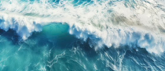 An aerial view of seascape. Top down.Ocean wave on coastline. Panoramic turquoise wallpaper.  Generative ai