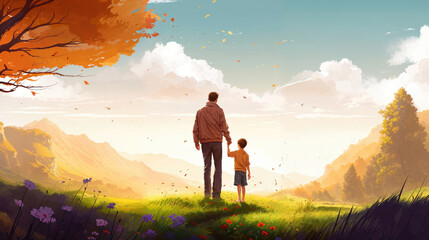 Father�s Day Illustration. Beautiful Springtime Illustration with Father and Child.