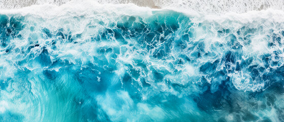 An aerial view of seascape. Top down.Ocean wave on coastline. Panoramic turquoise wallpaper.  Generative ai