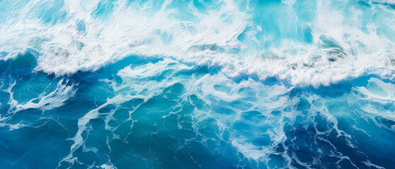 Fototapeta na wymiar An aerial view of seascape. Top down.Ocean wave on coastline. Panoramic turquoise wallpaper. Generative ai