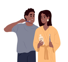 Fototapeta premium African man, woman taking care of oral health or brushing teeth. Black couple in the bathroom.