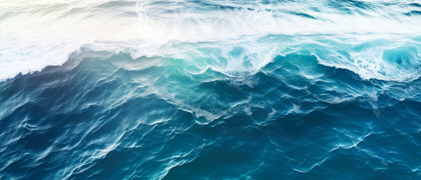 An aerial view of seascape. Top down.Ocean wave on coastline. Panoramic turquoise wallpaper. Generative ai © Inai