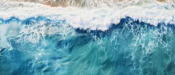 An aerial view of seascape. Top down.Ocean wave on coastline. Panoramic nature wallpaper.  Generative ai