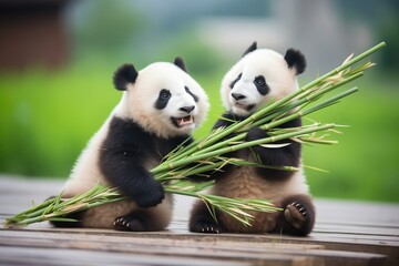 duo of pandas sharing bamboo stalk