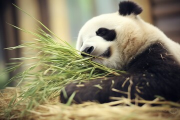 calm panda with closed eyes enjoying bamboo