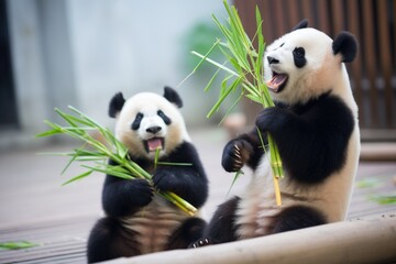 duo of pandas sharing bamboo stalk