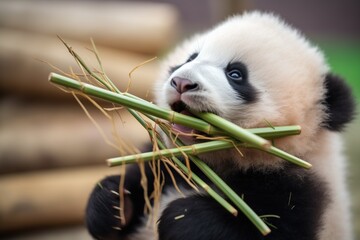 panda cub biting into bamboo stick