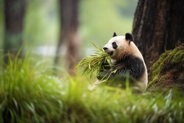solitary panda in bamboo grove eating