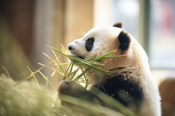 side view of panda eating bamboo