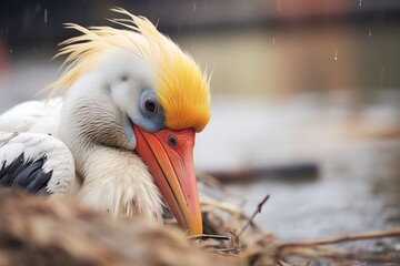 pelican on nest, beak pouch full of food for chicks