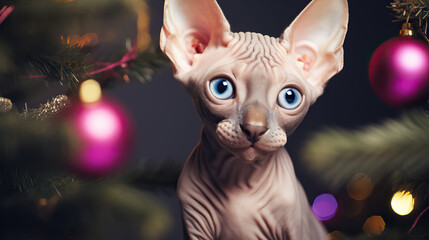 Hairless Sphynx Cat Christmas Photo  