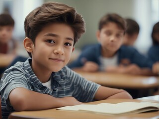 portrait of a little student sitting at his desk in a school classroom at united states. other student
