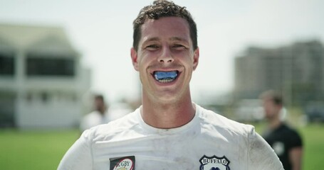 Rugby, man and face in mouthguard for sports game, field and happy player with fitness in stadium. Athlete, pride and portrait for competition training in practice and confident professional in club