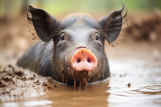 black pig fully submerged in mud except snout