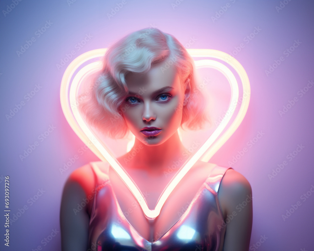 Wall mural Blonde model with elegant makeup framed by a heart-shaped neon illumination