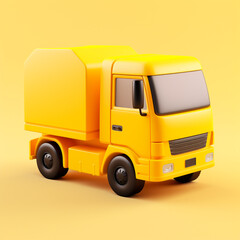 Fototapeta na wymiar Huge yellow delivery truck, yellow background. Stylized, cartoony, fun 3D model. Transportation, heavy cargo, van, truck, trailer.