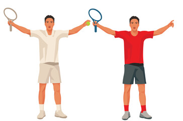 Two figures of an Indonesian tennis winner player in a white and red uniform standing straight with his arms raised with a racket and a ball