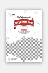 Chicken wings flyer design template for restaurant, delicious food menu discount poster or grand opening of A4 size brochure with red color shape and white background