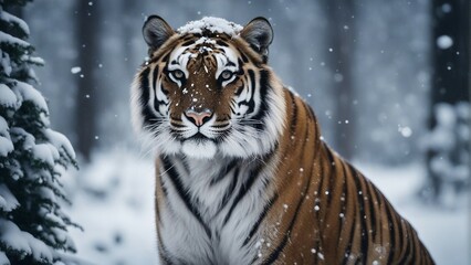 portrait of a tiger at forest, heavy snow fall