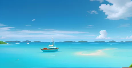 Crédence de cuisine en verre imprimé Turquoise Boat in turquoise ocean water against blue sky with white clouds