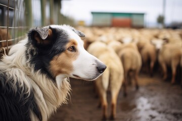 sheep crowding at a feeding area, dog watching