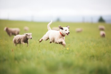 mid-run action shot of dog chasing sheep