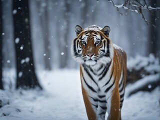 Fototapeta na wymiar portrait of a tiger at forest, heavy snow fall