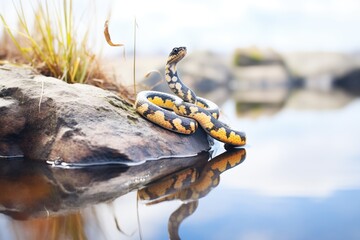 water snake on a rock by the pond